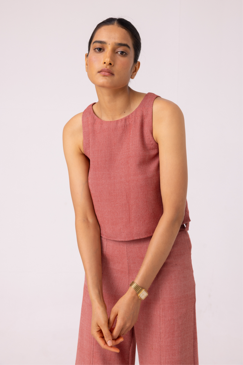 Kifli Red Handwoven Denim Top cotton by The Summer House in red color for women Worldwide