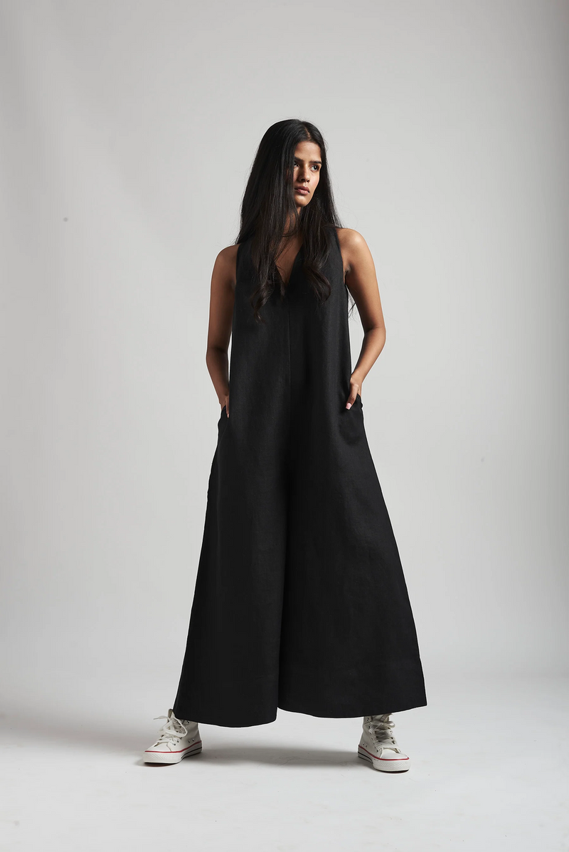 Kohl Linen Flared Jumpsuit linen by Saphed in black color for women Worldwide