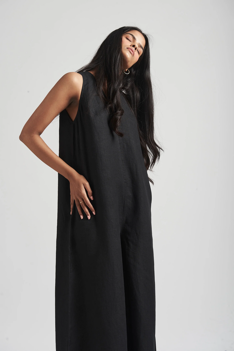 Kohl Linen Flared Jumpsuit linen by Saphed in black color for women Worldwide