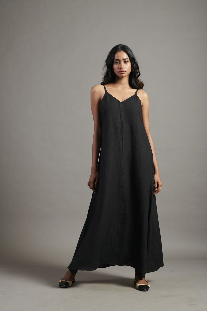 Kohl Linen Flared Slip Dress linen by Saphed in black color for women Worldwide