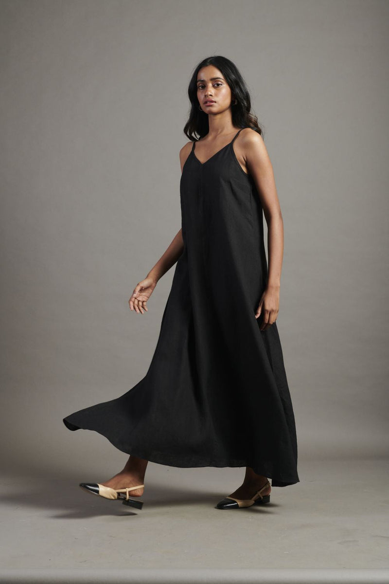 Kohl Linen Flared Slip Dress linen by Saphed in black color for women Worldwide