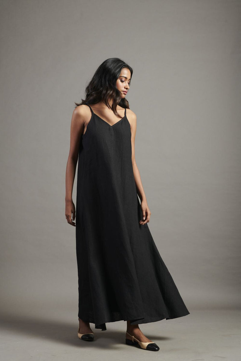 Kohl Linen Flared Slip Dress linen by Saphed in black color for women Worldwide