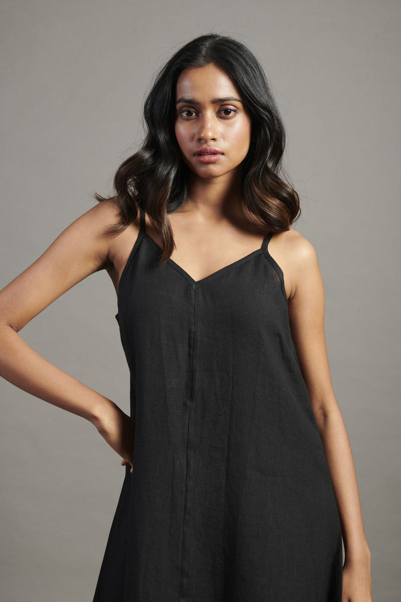 Kohl Linen Flared Slip Dress linen by Saphed in black color for women Worldwide
