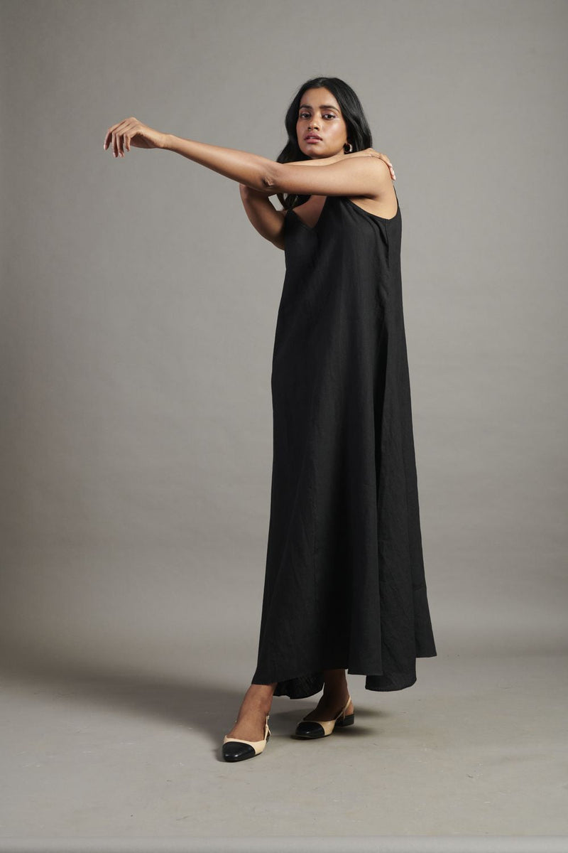 Kohl Linen Flared Slip Dress linen by Saphed in black color for women Worldwide