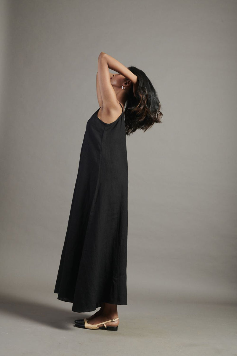 Kohl Linen Flared Slip Dress linen by Saphed in black color for women Worldwide