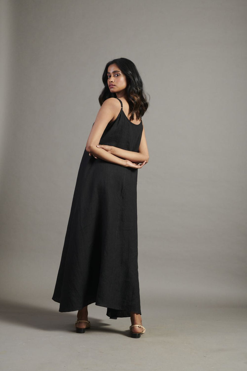 Kohl Linen Flared Slip Dress linen by Saphed in black color for women Worldwide