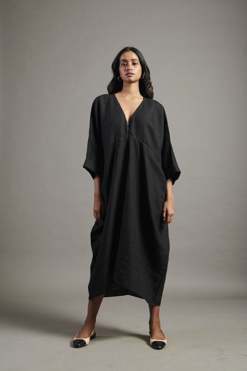 Kohl Linen Gathered Kaftan Dress linen by Saphed in black color for women Worldwide