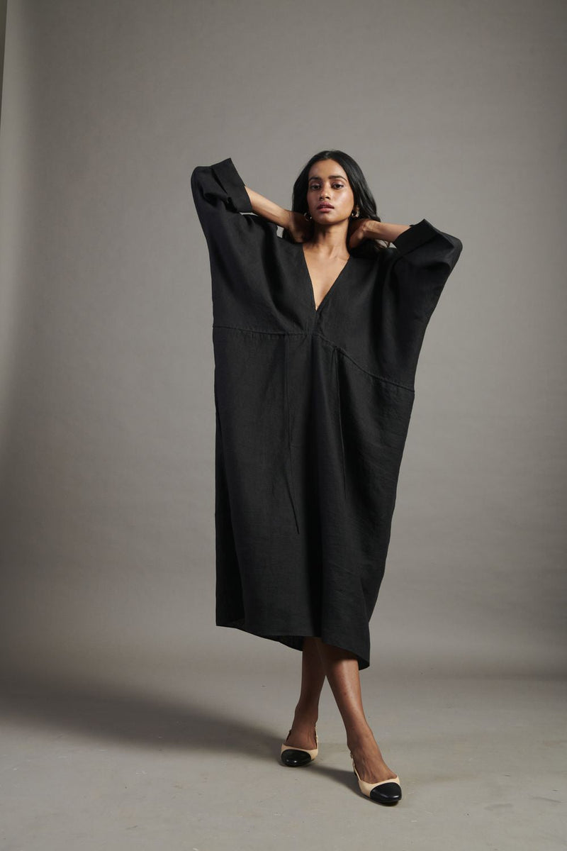 Kohl Linen Gathered Kaftan Dress linen by Saphed in black color for women Worldwide