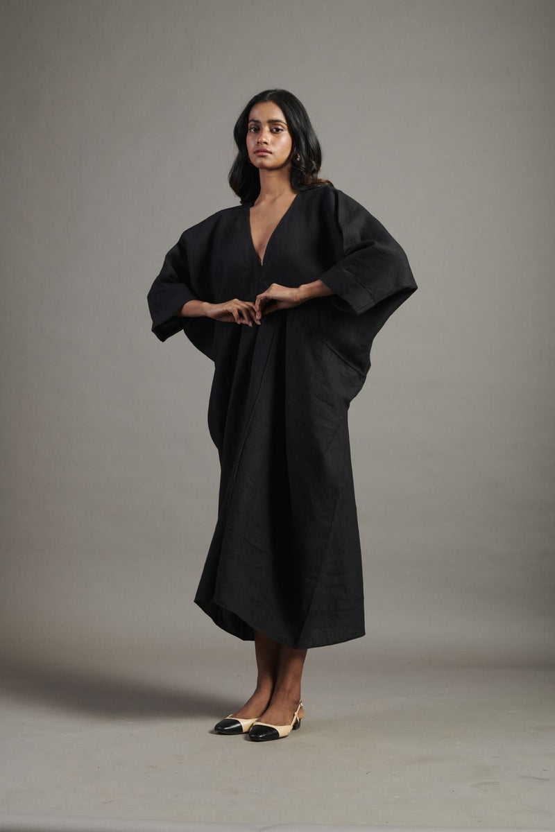 Kohl Linen Gathered Kaftan Dress linen by Saphed in black color for women Worldwide