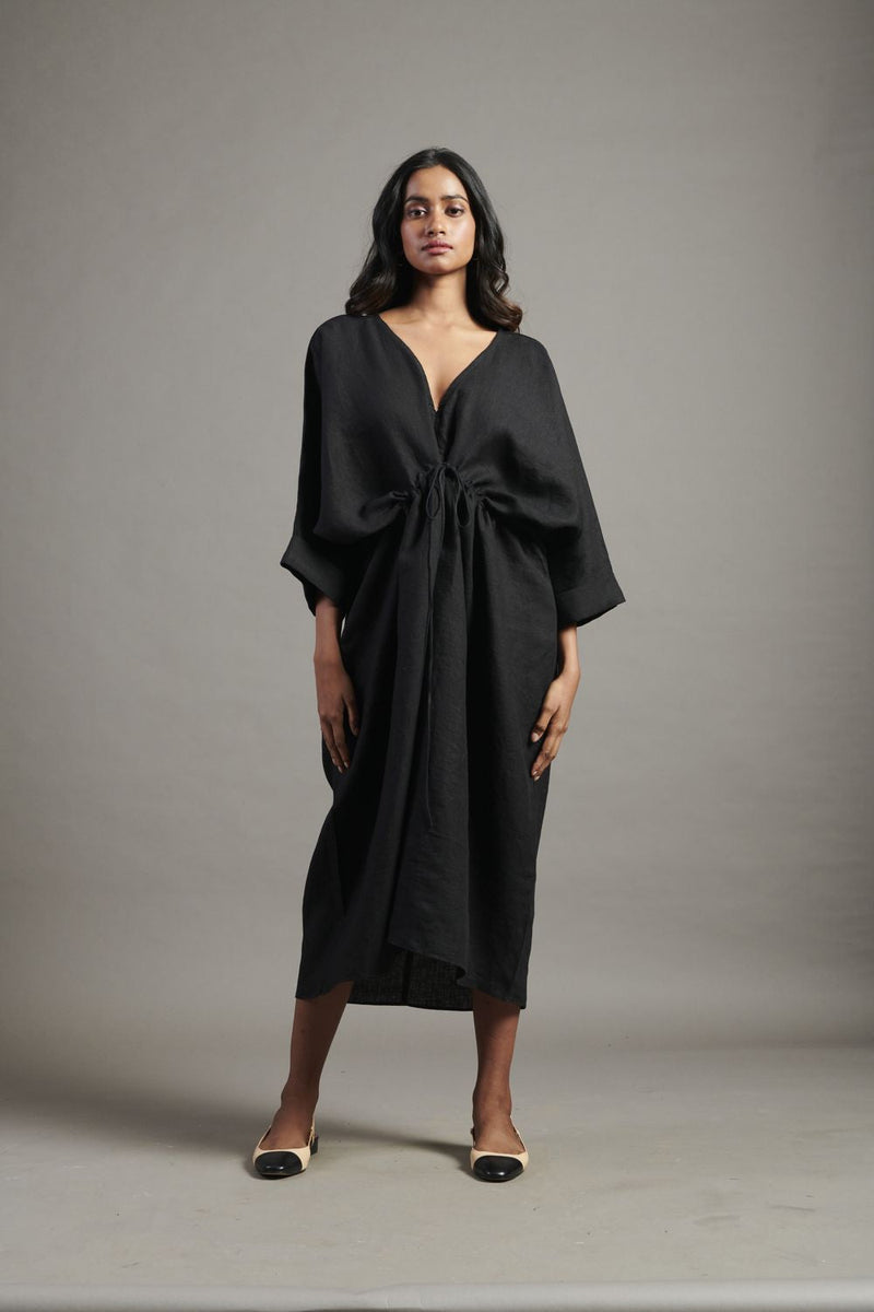 Kohl Linen Gathered Kaftan Dress linen by Saphed in black color for women Worldwide