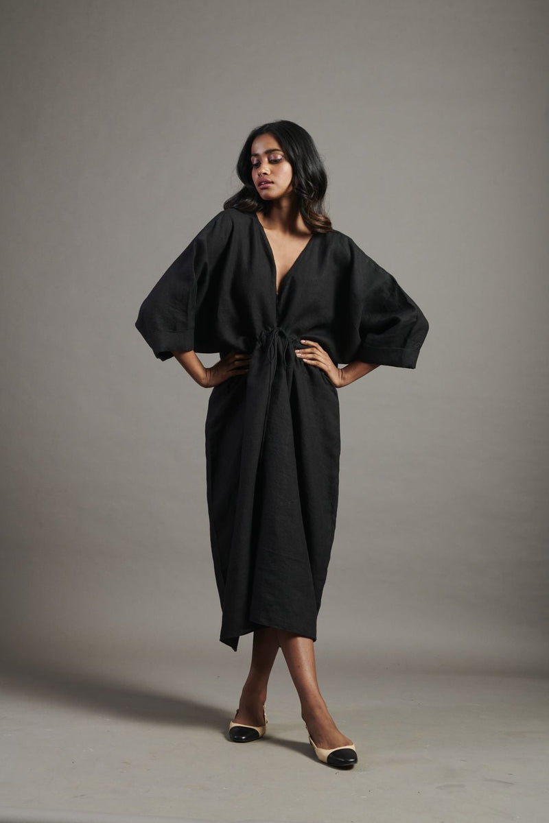 Kohl Linen Gathered Kaftan Dress linen by Saphed in black color for women Worldwide