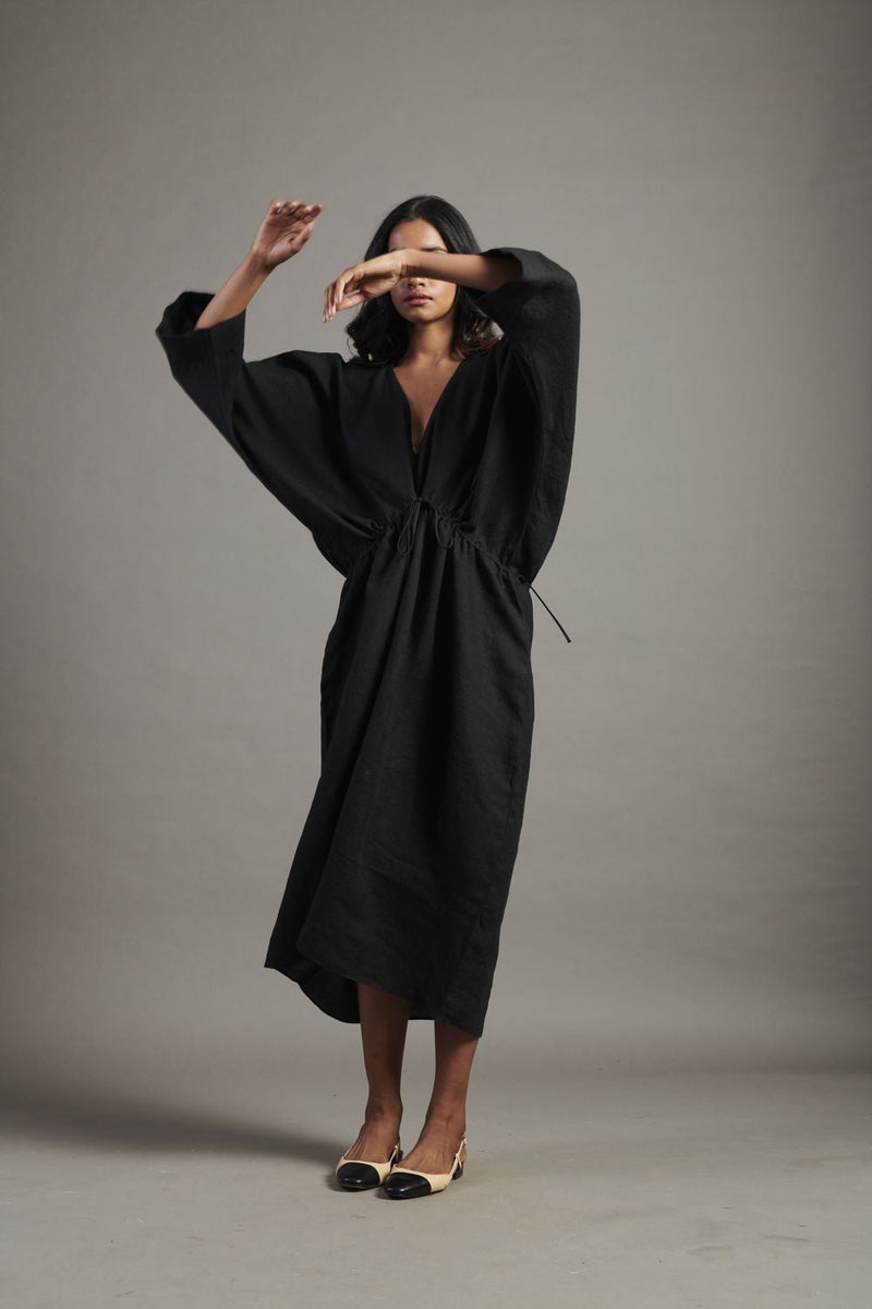 Kohl Linen Gathered Kaftan Dress linen by Saphed in black color for women Worldwide