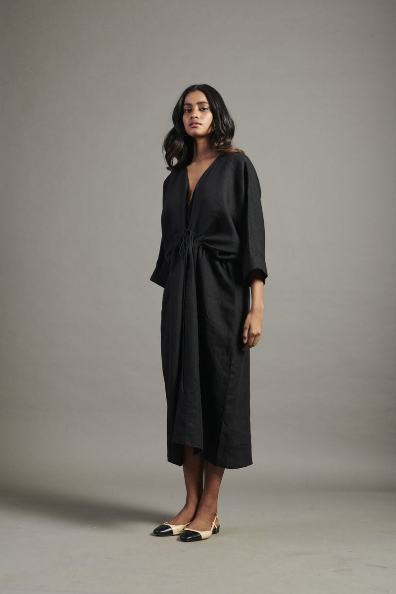 Kohl Linen Gathered Kaftan Dress linen by Saphed in black color for women Worldwide