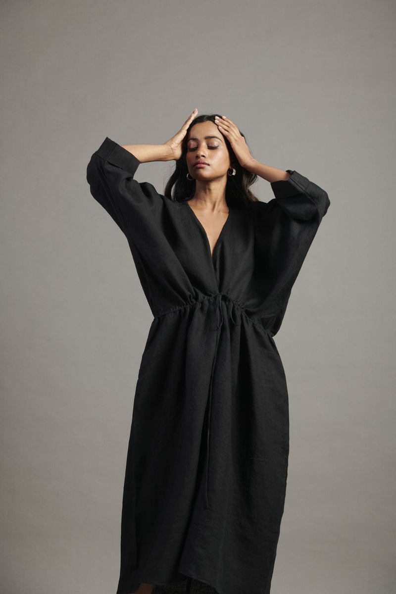Kohl Linen Gathered Kaftan Dress linen by Saphed in black color for women Worldwide