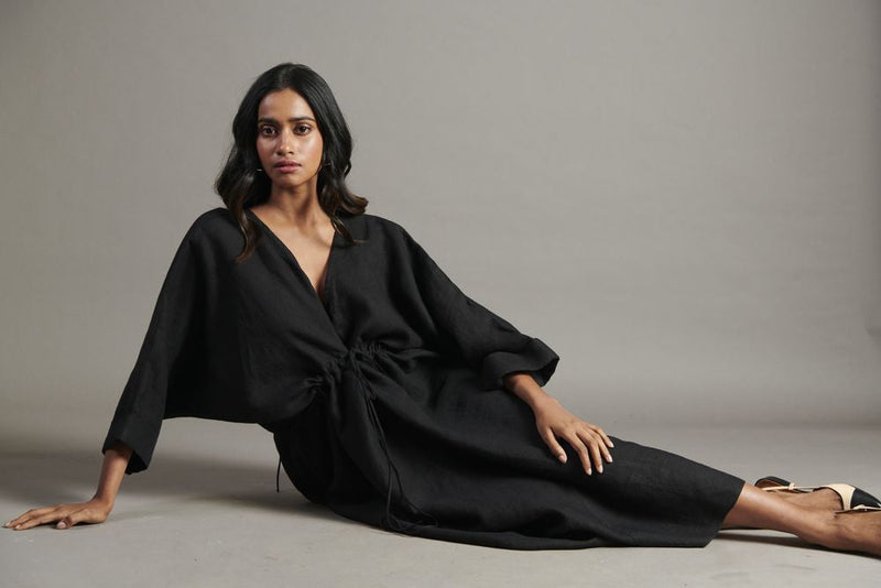 Kohl Linen Gathered Kaftan Dress linen by Saphed in black color for women Worldwide