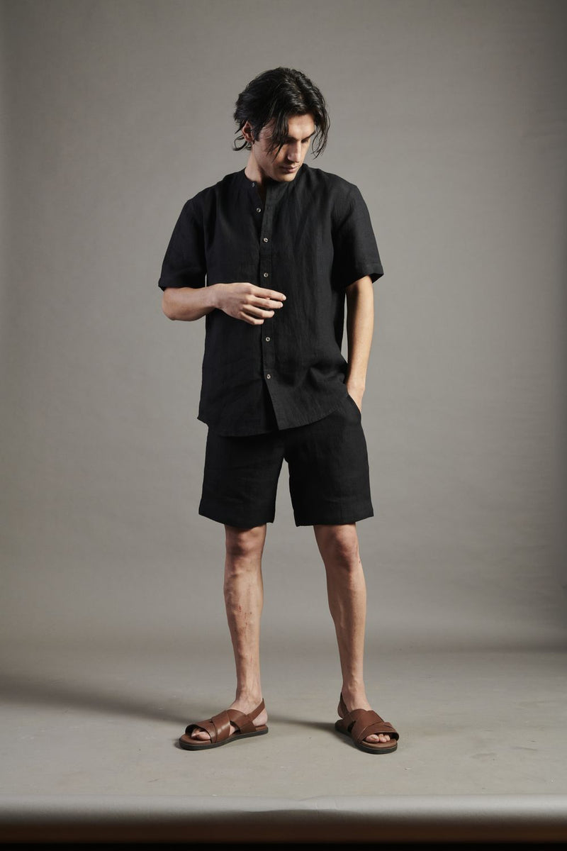 Kohl Linen Half Sleeves Band Collar Shirt linen by Saphed Men for men Worldwide