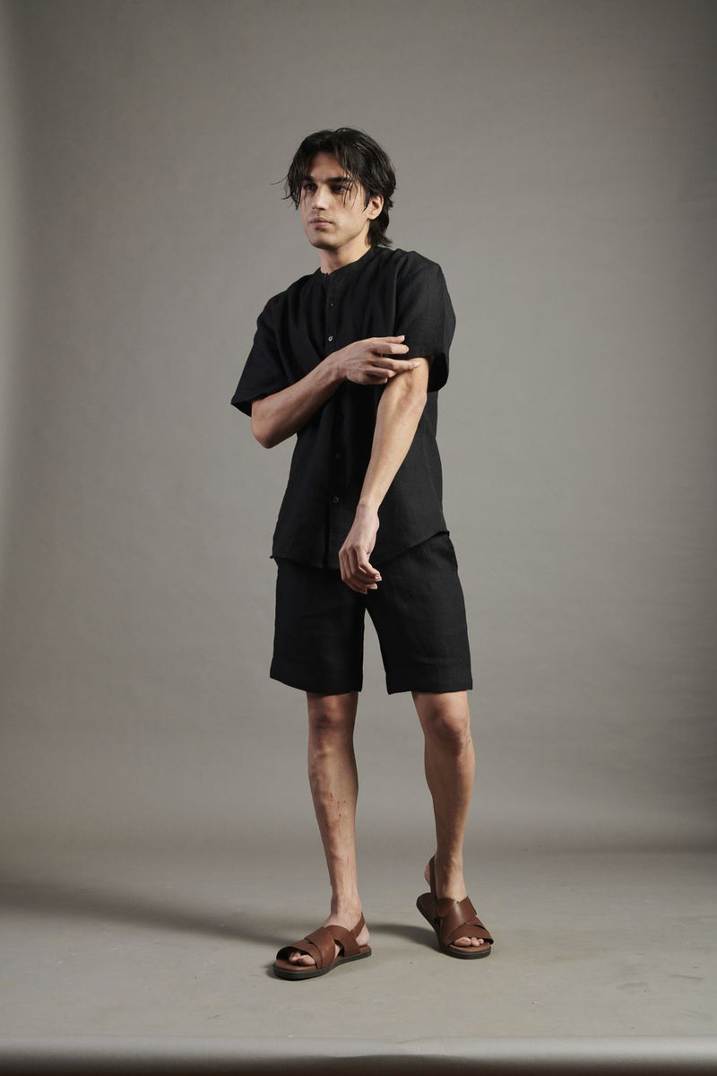 Kohl Linen Half Sleeves Band Collar Shirt linen by Saphed Men for men Worldwide