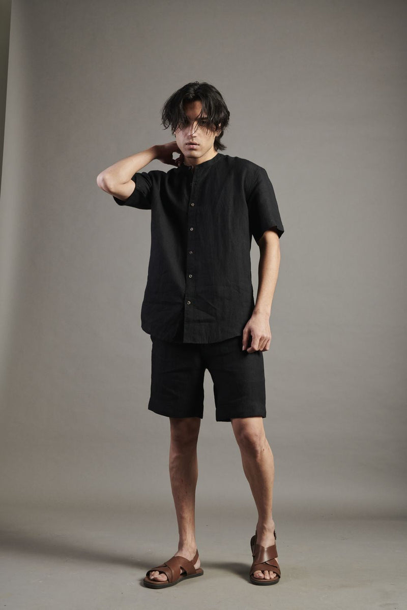 Kohl Linen Half Sleeves Band Collar Shirt linen by Saphed Men for men Worldwide