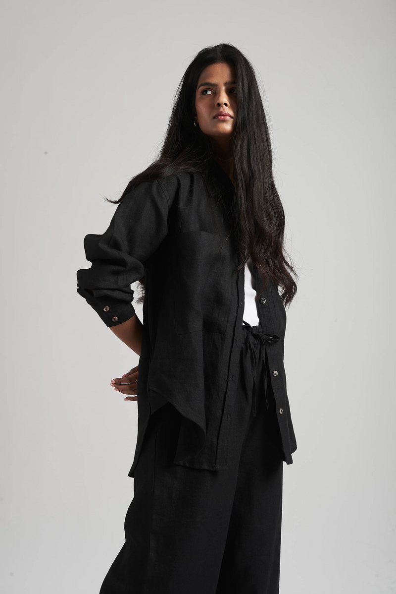 Kohl Linen Oversized Pocket Shirt linen by Saphed in black color for women Worldwide
