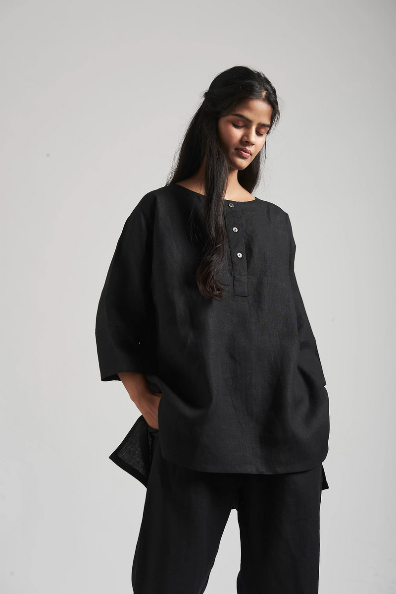 Kohl Linen Short Kurta Set linen by Saphed in black color for women Worldwide