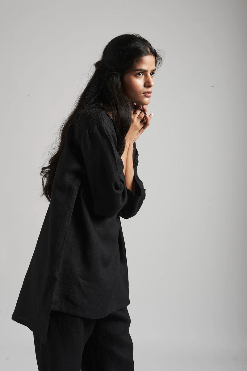 Kohl Linen Short Kurta Set linen by Saphed in black color for women Worldwide