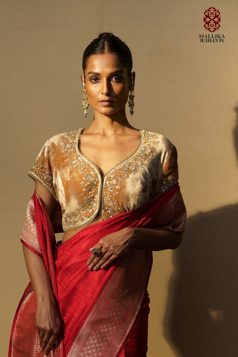 Koti velvet beige gold embroidered by Mallika Mathur in gold color for women Worldwide