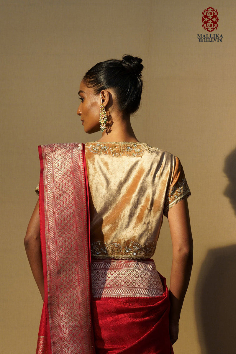 Koti velvet beige gold embroidered by Mallika Mathur in gold color for women Worldwide