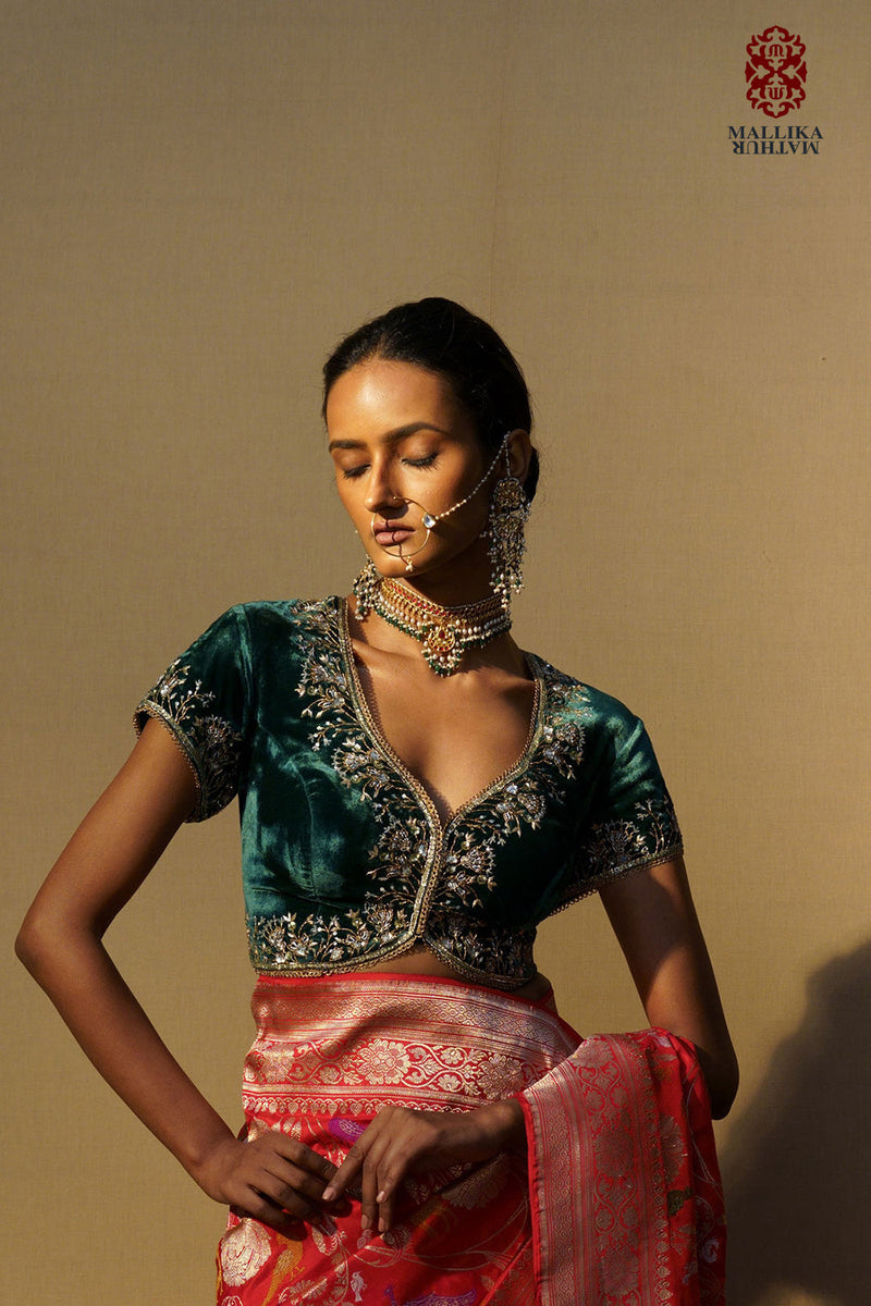 Koti velvet emrald green hand embroidered by Mallika Mathur in green color for women Worldwide