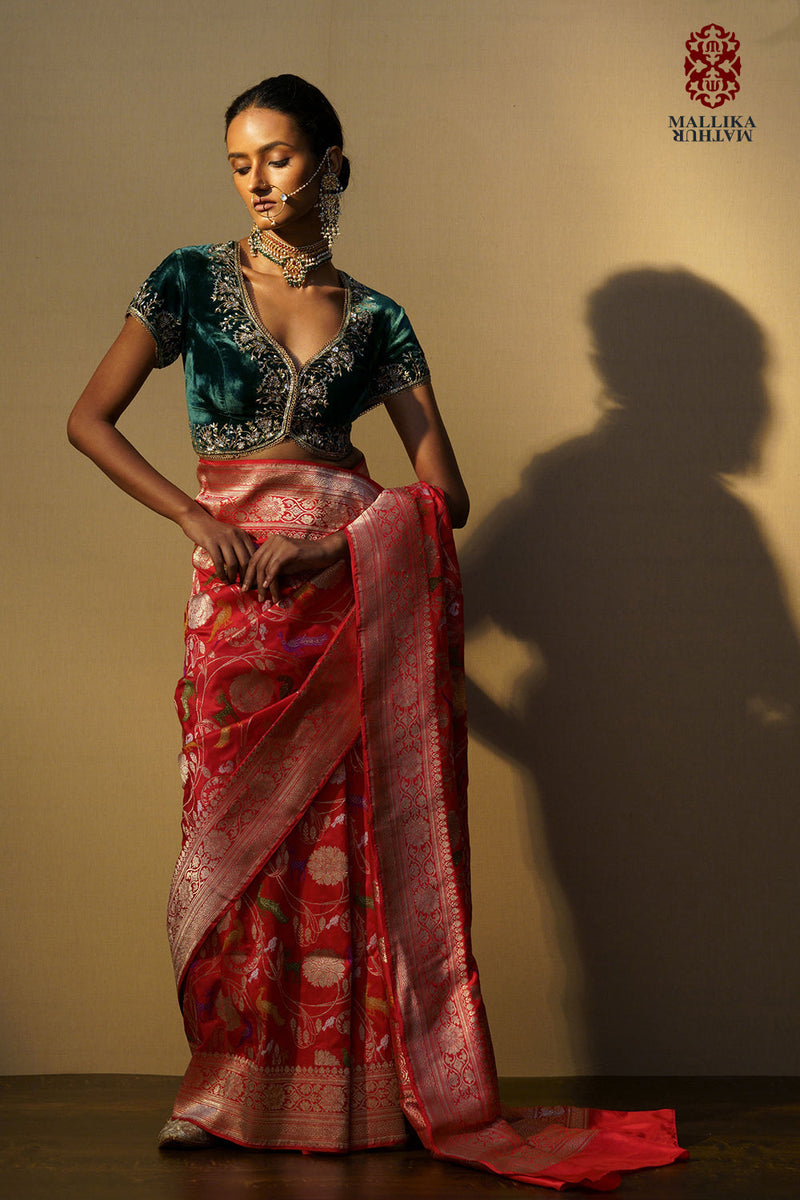 Koti velvet emrald green hand embroidered by Mallika Mathur in green color for women Worldwide