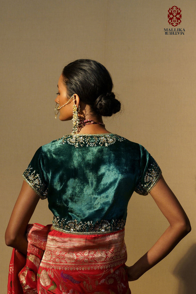Koti velvet emrald green hand embroidered by Mallika Mathur in green color for women Worldwide