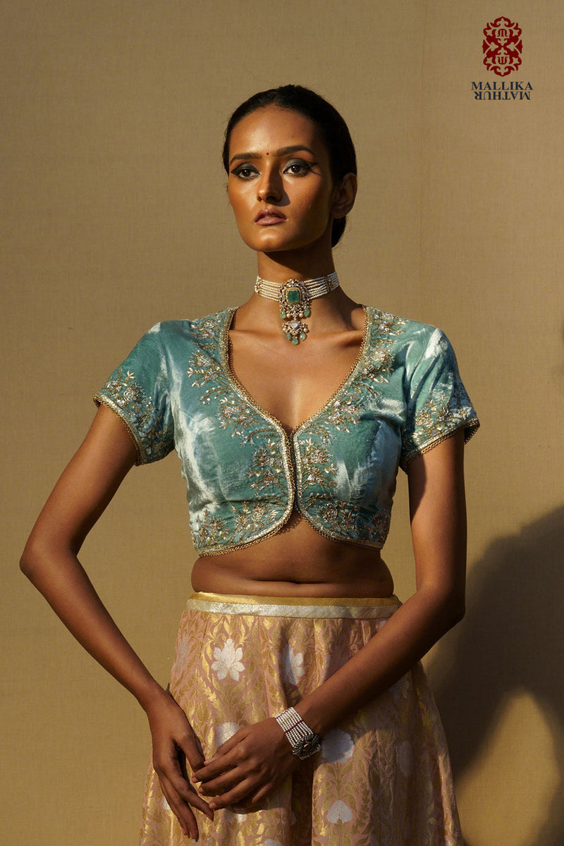 Koti velvet firoza embroidered by Mallika Mathur in blue color for women Worldwide