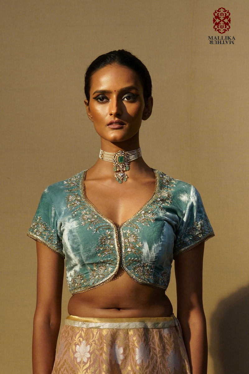 Koti velvet firoza embroidered by Mallika Mathur in blue color for women Worldwide