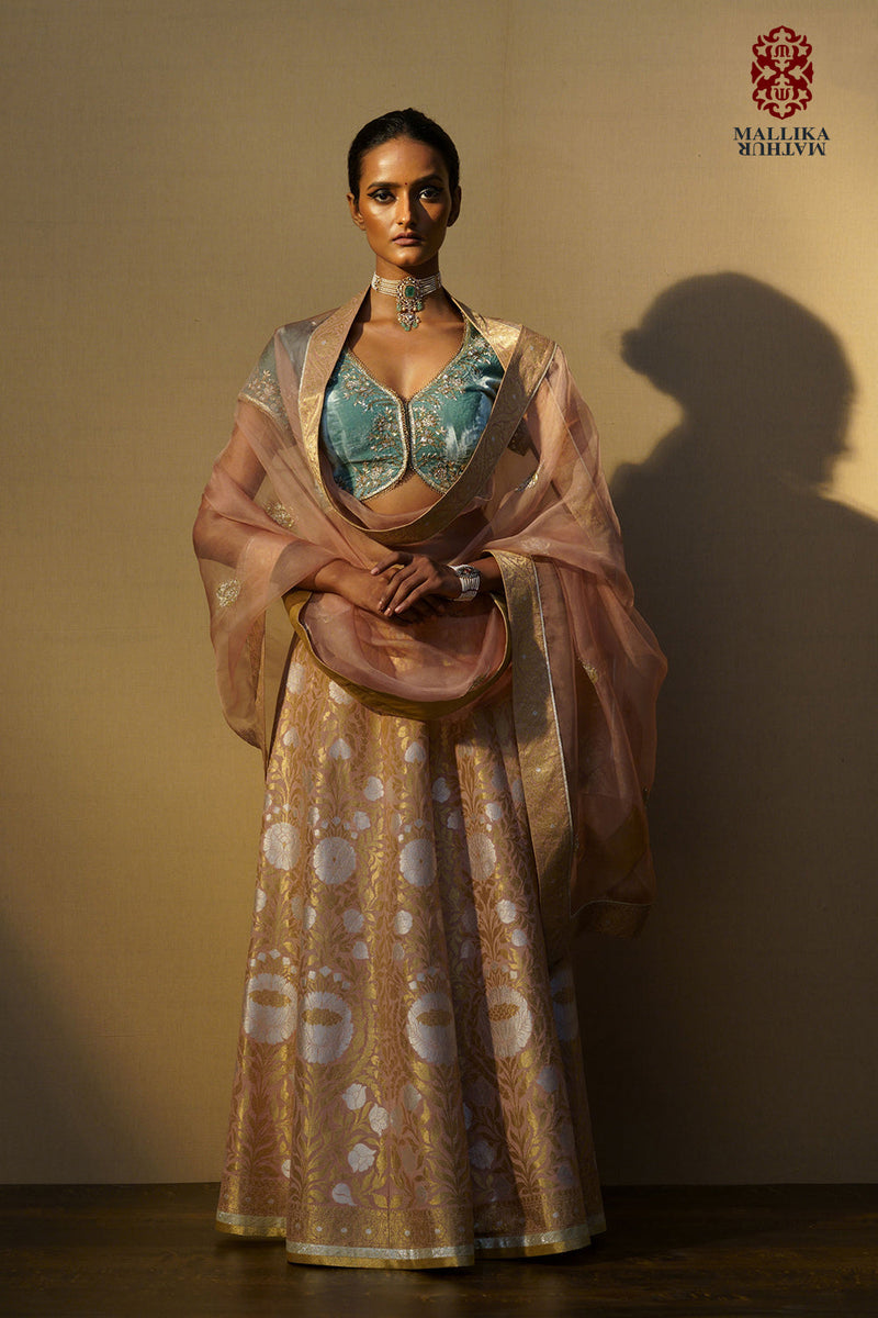 Koti velvet firoza embroidered by Mallika Mathur in blue color for women Worldwide