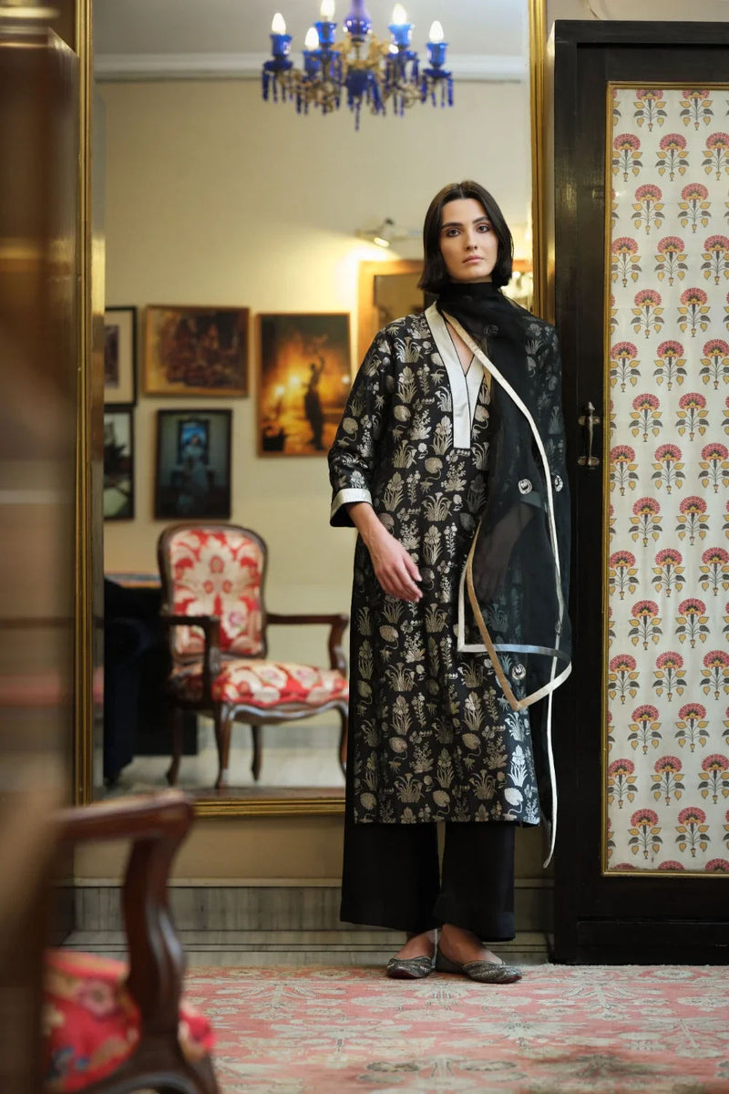 Kurta munga silk black multi buti munga silk kurta/kurta set by Malika Mathur in black for women Worldwide