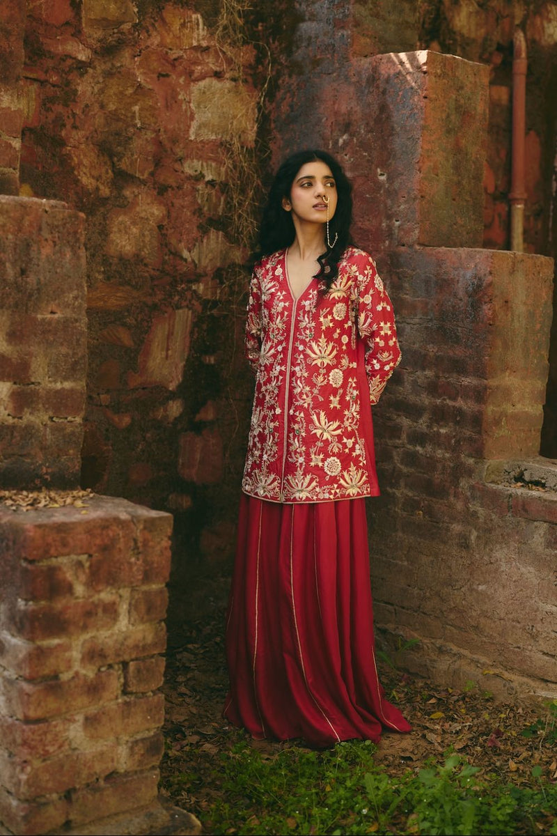 LAALSA & RAVAYA JACKET & SHARARA silk by Rashika Mittal in red color for women Worldwide
