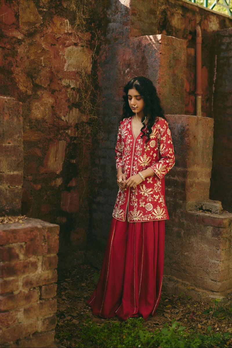 LAALSA & RAVAYA JACKET & SHARARA silk by Rashika Mittal in red color for women Worldwide