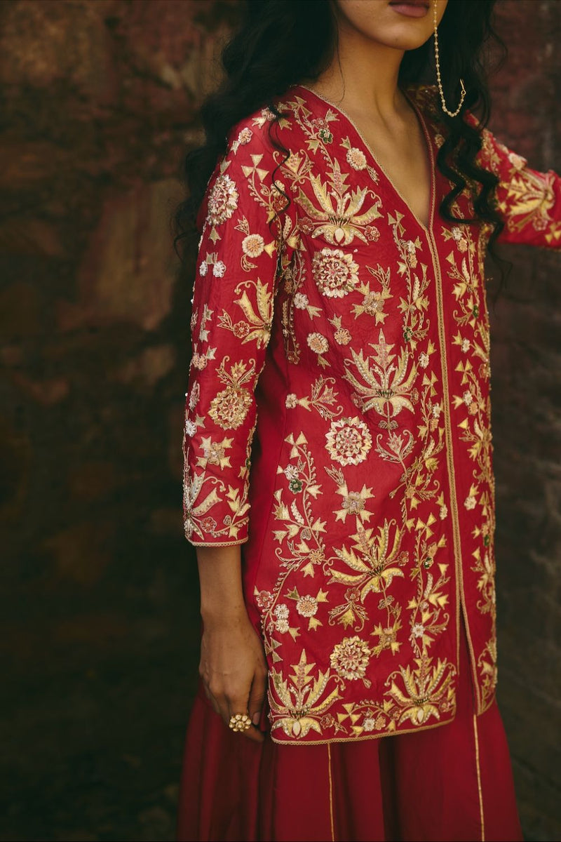 LAALSA & RAVAYA JACKET & SHARARA silk by Rashika Mittal in red color for women Worldwide