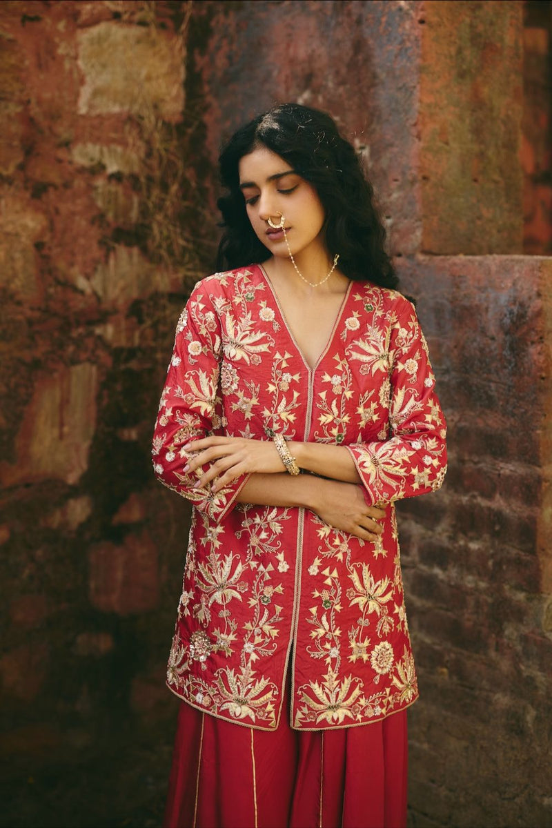 LAALSA & RAVAYA JACKET & SHARARA silk by Rashika Mittal in red color for women Worldwide