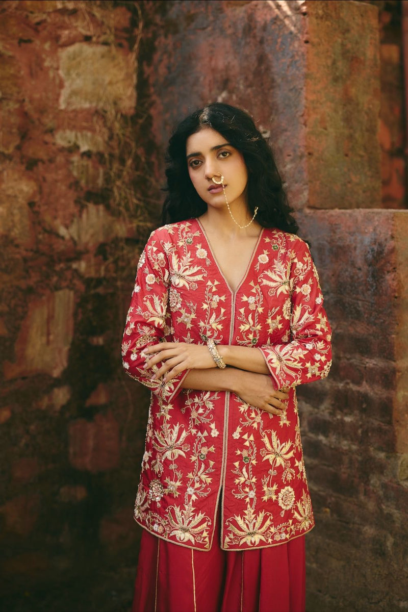 LAALSA & RAVAYA JACKET & SHARARA silk by Rashika Mittal in red color for women Worldwide
