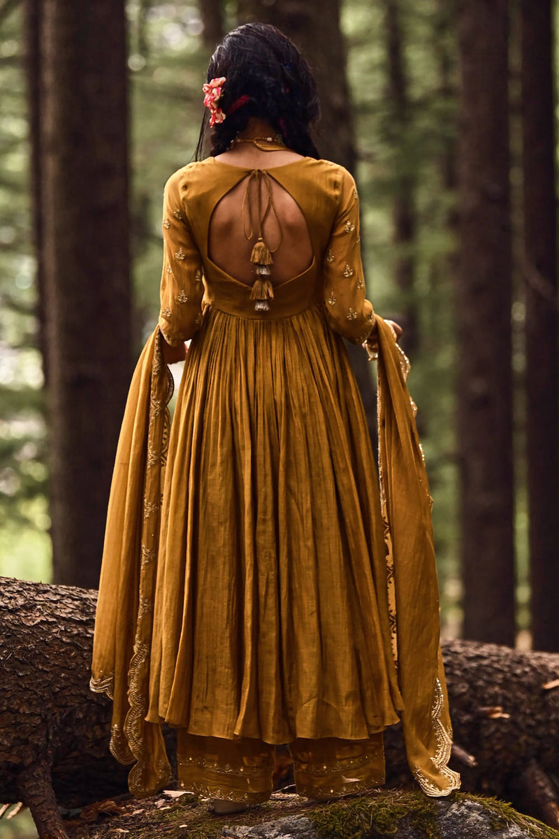 Larissa Anarkali Set – Ochre chanderi by Paulmi & Harsh-kahan Sep'26 in yellow for women Worldwide