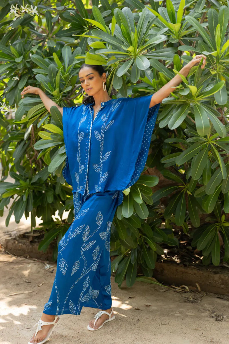 LEAF PANT SET-BLUE silk by Dyelogue in blue color for women Worldwide