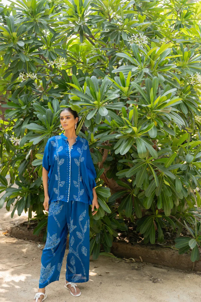 LEAF PANT SET-BLUE silk by Dyelogue in blue color for women Worldwide