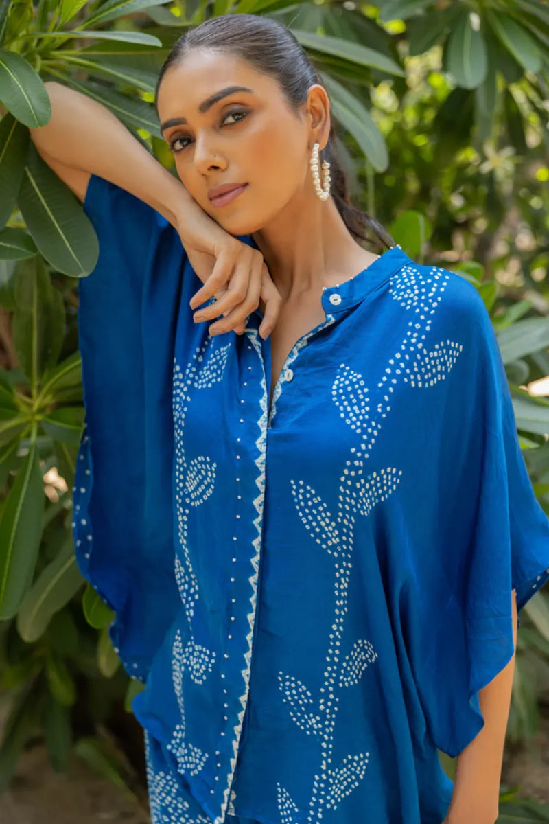 LEAF PANT SET-BLUE silk by Dyelogue in blue color for women Worldwide