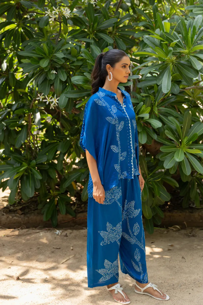 LEAF PANT SET-BLUE silk by Dyelogue in blue color for women Worldwide