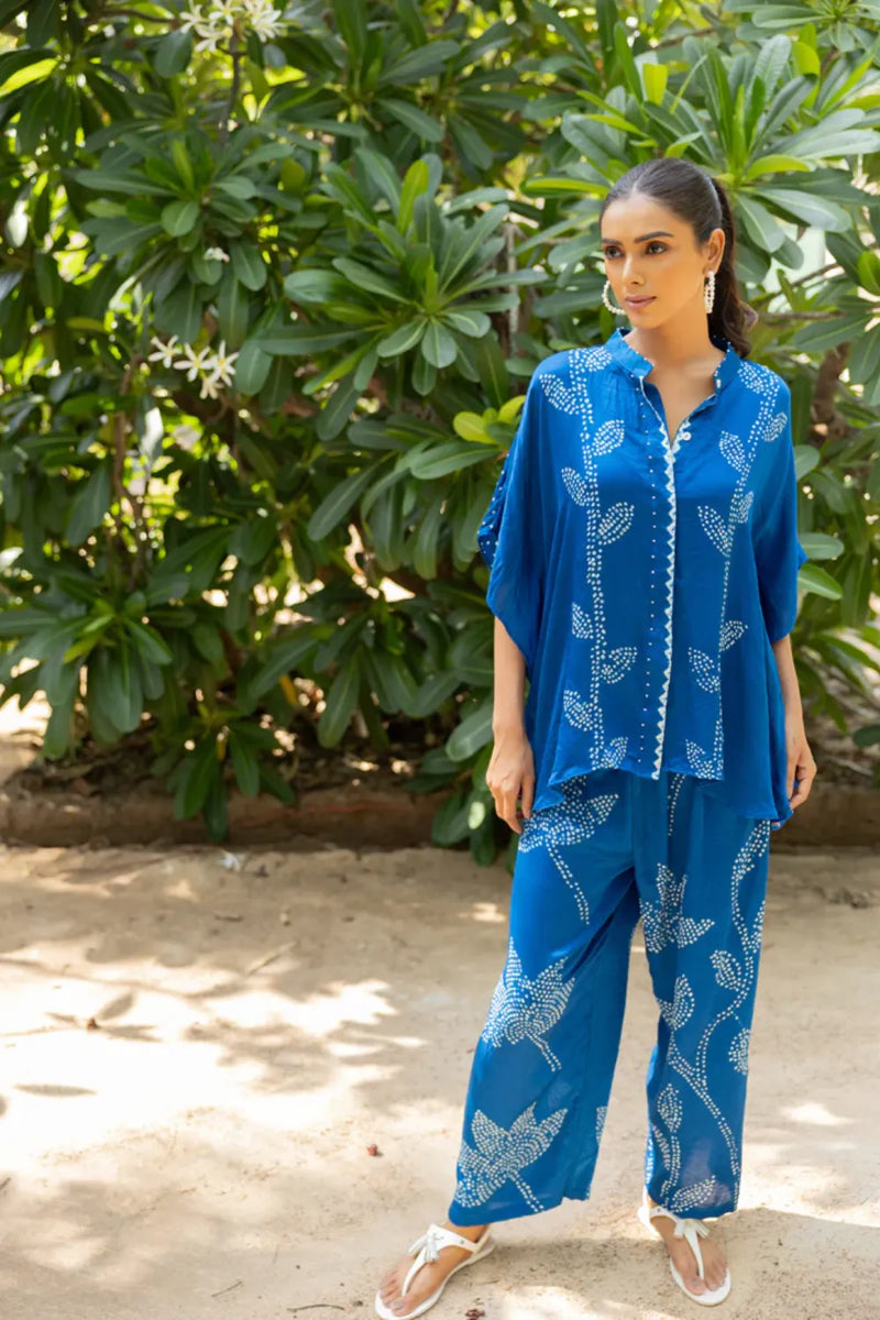 LEAF PANT SET-BLUE silk by Dyelogue in blue color for women Worldwide