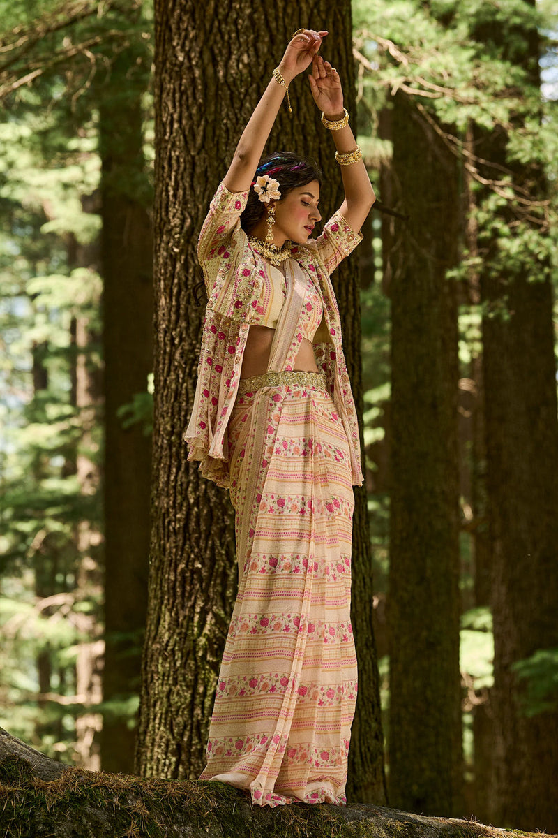 Leandra Saree Set georgettte by Paulmi & Harsh-kahan Sep'26 in off white for women Worldwide