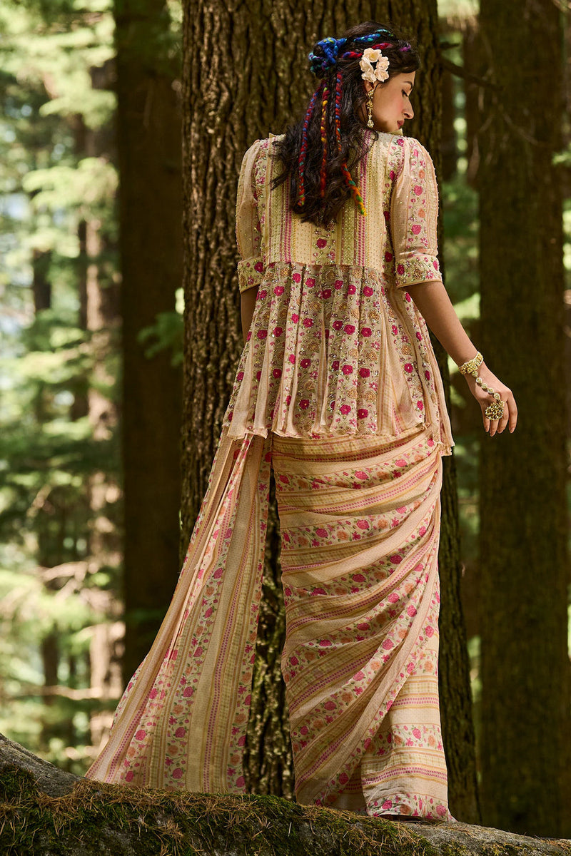 Leandra Saree Set georgettte by Paulmi & Harsh-kahan Sep'26 in off white for women Worldwide