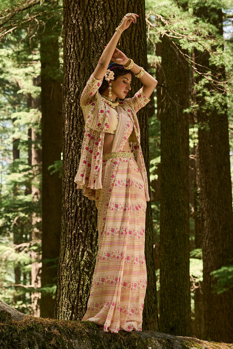 Leandra Saree Set georgettte by Paulmi & Harsh-kahan Sep'26 in off white for women Worldwide