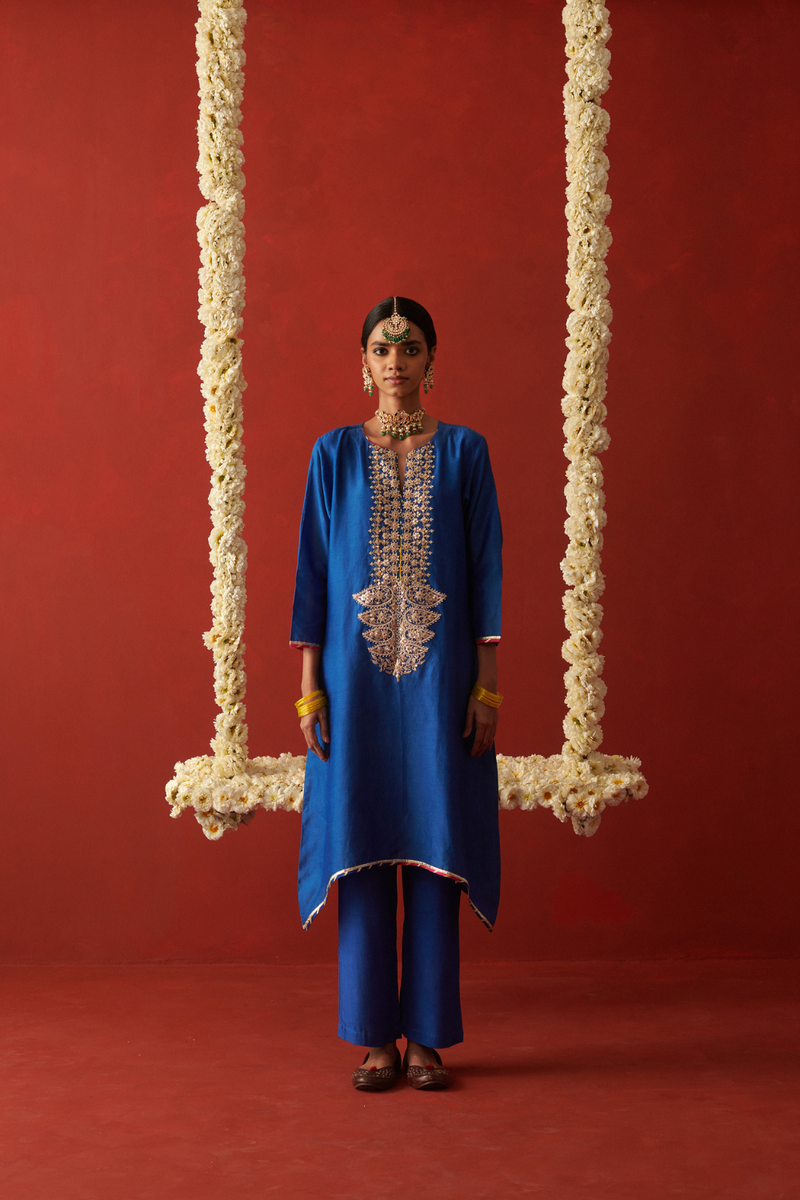 LEELA & SIFAT KURTA & PANT chiffon by Rashika Mittal in blue color for women Worldwide