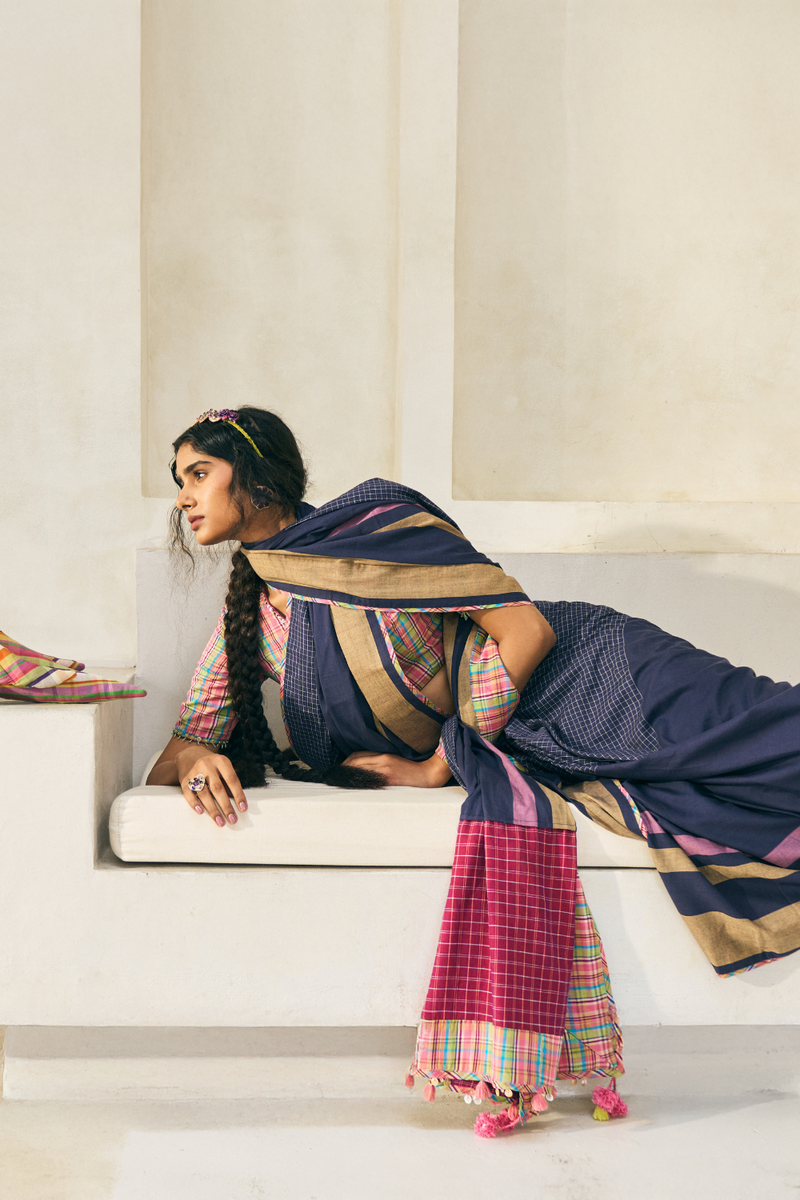 Lila Sari cotton by SWATTI KAPOOR in blue color for women Worldwide